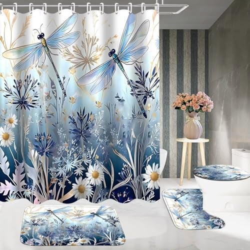 DDQQ 4Pcs Blue Flower Dragonfly Shower Curtain Set with Rugs, Floral Plant Neutral Bathroom Decor Set Waterproof Bathtub with Carpet Bath Mat Toilet - Image 3