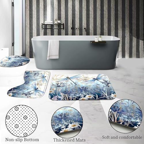 DDQQ 4Pcs Blue Flower Dragonfly Shower Curtain Set with Rugs, Floral Plant Neutral Bathroom Decor Set Waterproof Bathtub with Carpet Bath Mat Toilet - Image 5