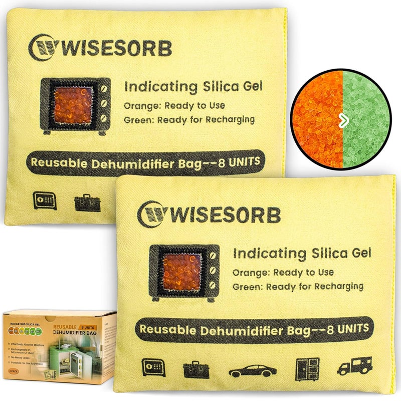 Wisesorb 240G 2 Pack Reusable Silica Gel Desiccant Dehumidifier Bags, Color Indicating Moisture Absorbers for Car, Closet, Garage, 3D Filaments, Emoisture, Microwave Rechargeable Reusable Drying Bags - Image 1