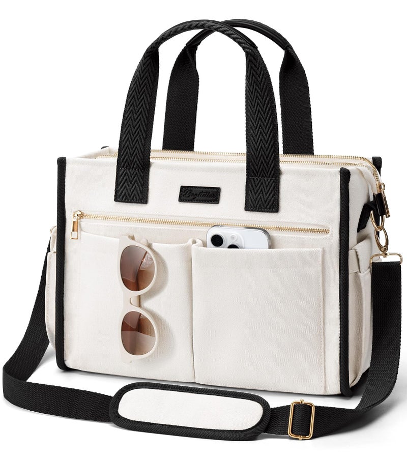Bagstellar Canvas Tote Bag for Women, 15-Pocket Large Crossbody Purse Shoulder Satchel Handbag Bible Laptop Bag Zipper Bookbag for Teacher Nurse Work Travel College Everyday - Image 1