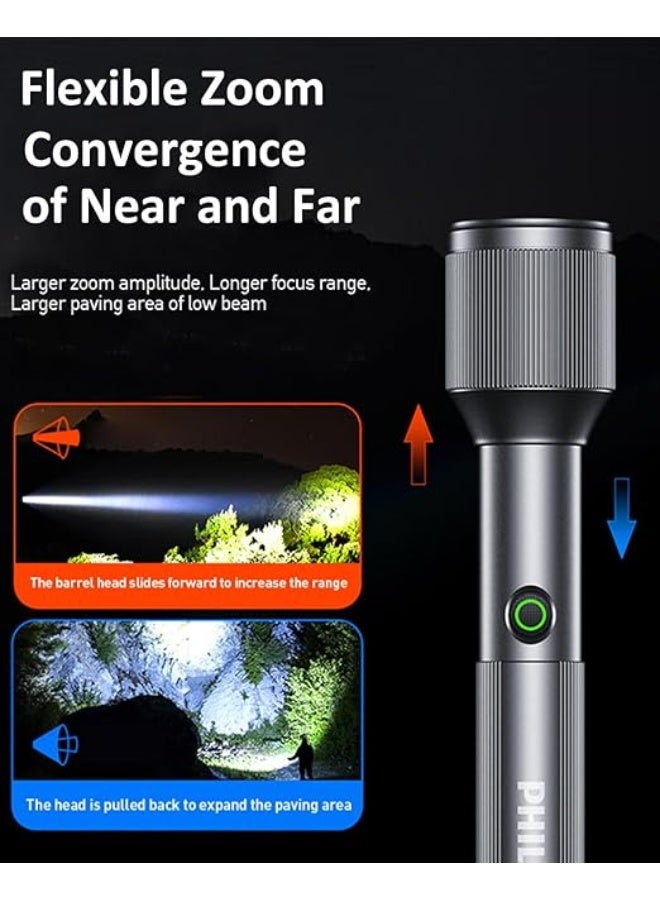 Philips 24W Rechargeable LED Torch Light (2 Pack) | 1000 Lumens Brightness | 900M Beam Range | Zoomable Focus | 2000mAh Battery | 5 Lighting Modes (High, Low, Dimming, Strobe, SOS) | Stepless Dimming | Water & Drop Resistant Alloy Body | Portable Flashlight for Home, Camping & Emergency Use grey - Image 5