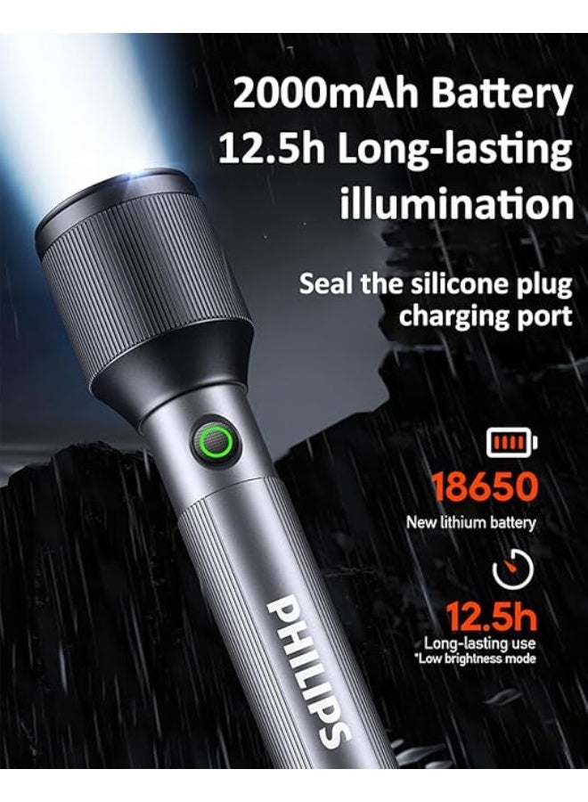 Philips 24W Rechargeable LED Torch Light (2 Pack) | 1000 Lumens Brightness | 900M Beam Range | Zoomable Focus | 2000mAh Battery | 5 Lighting Modes (High, Low, Dimming, Strobe, SOS) | Stepless Dimming | Water & Drop Resistant Alloy Body | Portable Flashlight for Home, Camping & Emergency Use grey - Image 2
