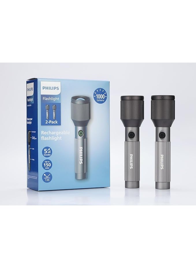 Philips 24W Rechargeable LED Torch Light (2 Pack) | 1000 Lumens Brightness | 900M Beam Range | Zoomable Focus | 2000mAh Battery | 5 Lighting Modes (High, Low, Dimming, Strobe, SOS) | Stepless Dimming | Water & Drop Resistant Alloy Body | Portable Flashlight for Home, Camping & Emergency Use grey - Image 1