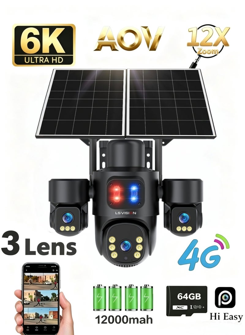LS VISION 15MP 3 Screens AOV Solar Surveillance Cameras 4G 24/7 Recording Outdoor 12X Optical Zoom Auto Tracking 15W two Solar Panel, IP66 waterproof rating，Standard 64GB memory card and built-in 12000mAh battery - Image 1