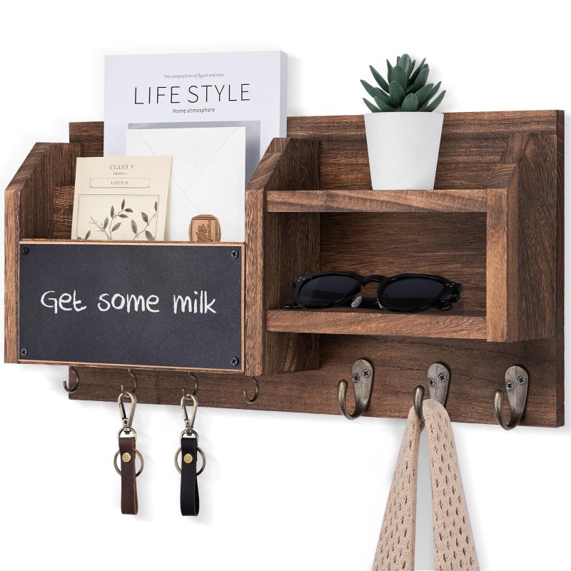 Lwenki Mail and Key Holder â€“ Wall Mount Key Hanger with Shelf and 7 Metal Hooks â€“ Decorative Natural Paulownia Wood Entryway Organizer with Mounting Hardware (16.5â€W x 8.7â€H x 3.5â€D) (Brown) - Image 1