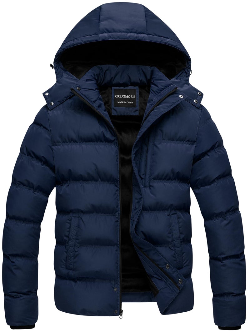 CREATMO US Men's Waterproof Rain Jacket Winter Warm Parka Outwear Outdoor Zip Up Long-Sleeve Puffer Windproof Fur Coat With Hooded Navy S - Image 1
