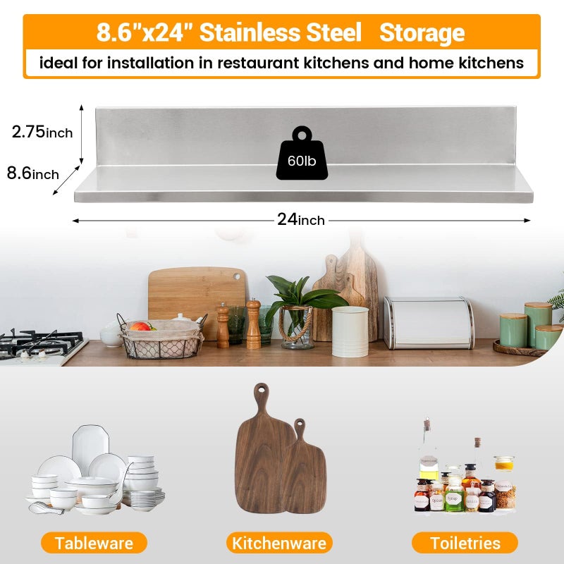 SWOTCATER Stainless Steel Wall Shelf 8.6"x24" 60LB, 2 Packs L-Shaped Commercial Wall Mount Floating Shelving for Kitchen, Restaurant, Home - Image 2