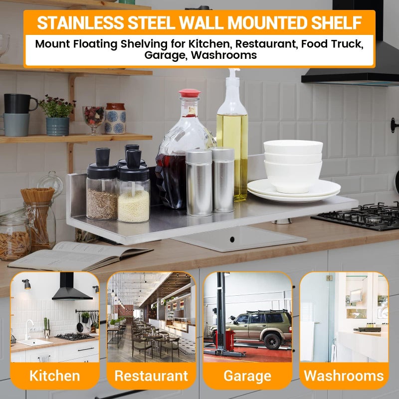 SWOTCATER Stainless Steel Wall Shelf 8.6"x24" 60LB, 2 Packs L-Shaped Commercial Wall Mount Floating Shelving for Kitchen, Restaurant, Home - Image 5