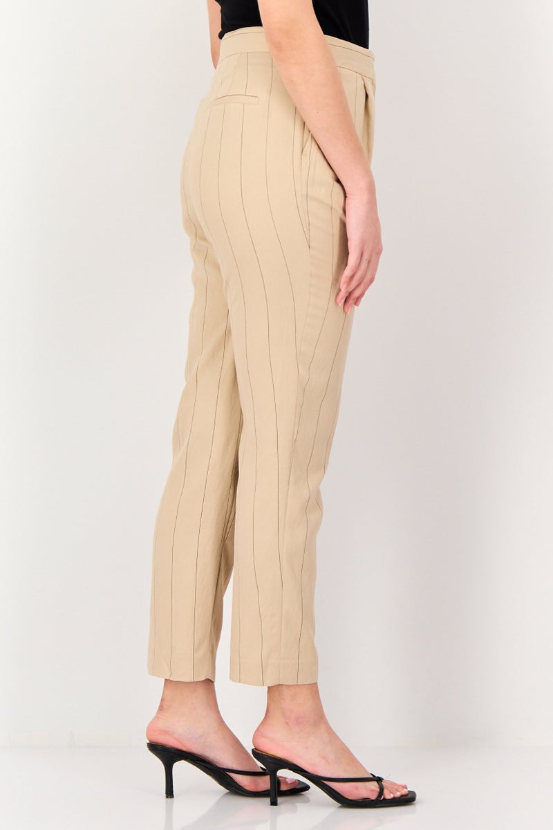 Selected Femme Women Regular Fit Stripe Tapered Pants, Beige - Image 2