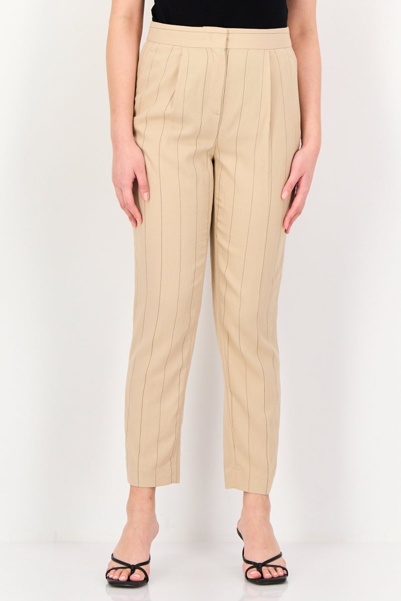 Selected Femme Women Regular Fit Stripe Tapered Pants, Beige - Image 1