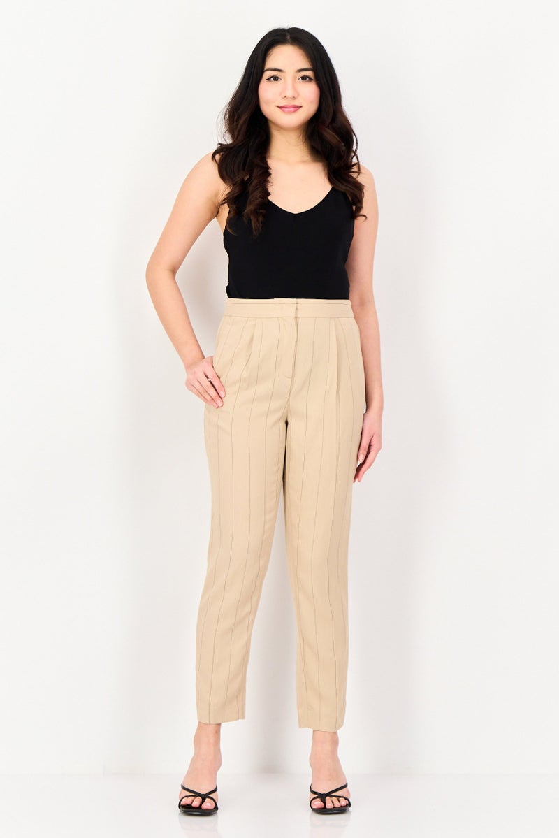 Selected Femme Women Regular Fit Stripe Tapered Pants, Beige - Image 4