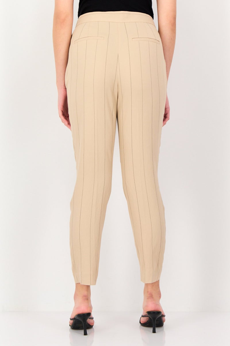 Selected Femme Women Regular Fit Stripe Tapered Pants, Beige - Image 3