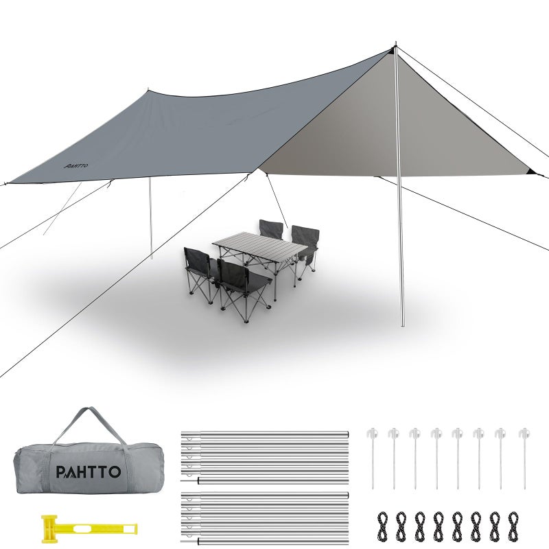 Camping Tarp with Poles 16x12 Ft Camping Canopy Waterproof Tent Tarp Rain Shelter for Camping PicnicBeach Outdoor Activities Extra Large Lightweight and UV Resistant Extra Large Grey