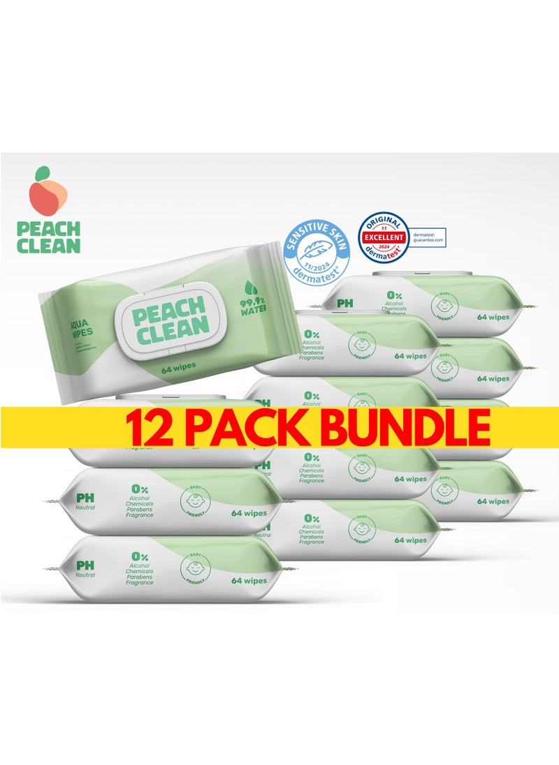 Peach Clean Baby Wipes 64 wipes x 12 Packs - Cleansing Water Wet Wipes for Babies & Adults - 99.9% Purified Multi Purpose Aqua Wipes - Ideal for Sensitive Skin & Gentle Baby Care  - Image 1