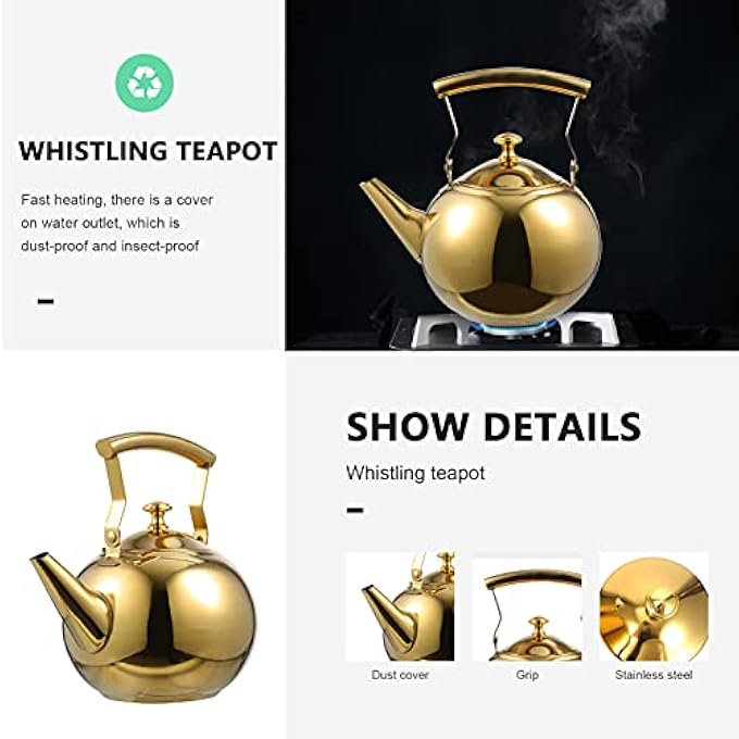 DOITOOL Heavy Duty Tea Maker Kettle Stovetop Whistling Tea Kettle Stainless Steel Teapot For Stovetop With Handle And Infuser 1L Gold - Image 5