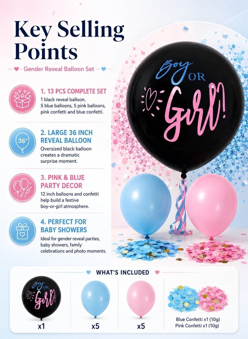 Sisily 13Pcs Gender Reveal Balloon Set, 36 Inch Black Boy or Girl Reveal Balloon with Pink and Blue Balloons and Confetti, Baby Shower Party Decorations - Image 4