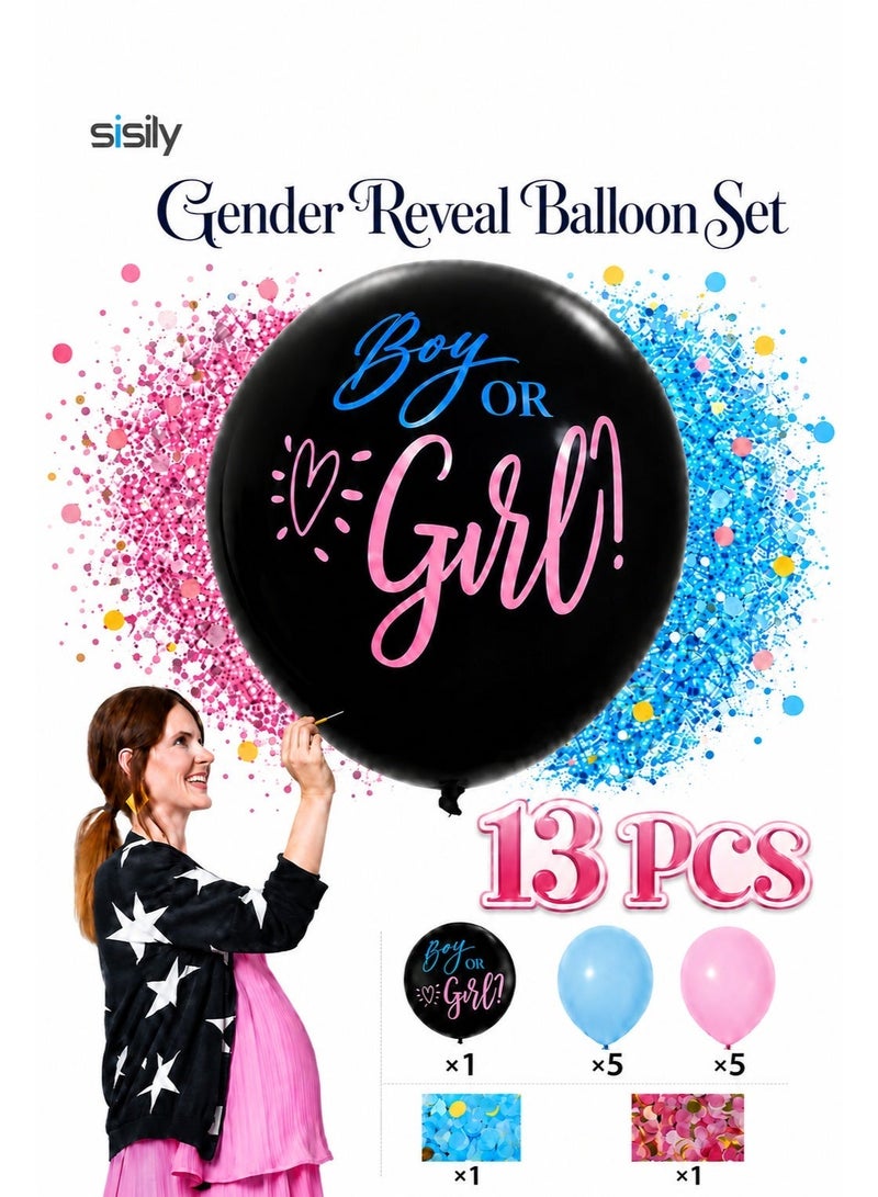 Sisily 13Pcs Gender Reveal Balloon Set, 36 Inch Black Boy or Girl Reveal Balloon with Pink and Blue Balloons and Confetti, Baby Shower Party Decorations - Image 1