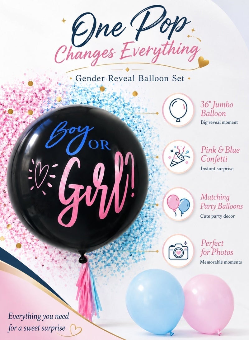 Sisily 13Pcs Gender Reveal Balloon Set, 36 Inch Black Boy or Girl Reveal Balloon with Pink and Blue Balloons and Confetti, Baby Shower Party Decorations - Image 3
