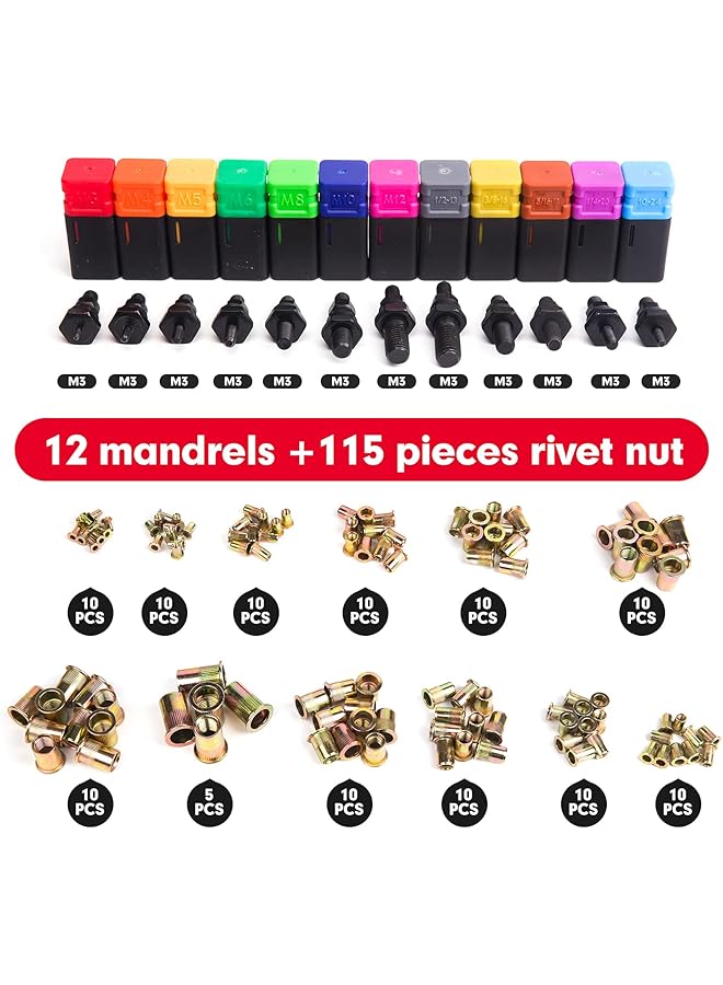 16" Rivet Nut Tool Hand Blind Riveter,Rivnut Riveting Tools With Nut Setting System Totally 12Mandrels M3 M4 M5,M6,M8,M10 M12, 10-24, 1/4-20, 5/16-18,3/8-16,1/2-13 +115Pcs Rivets Nuts - Image 3