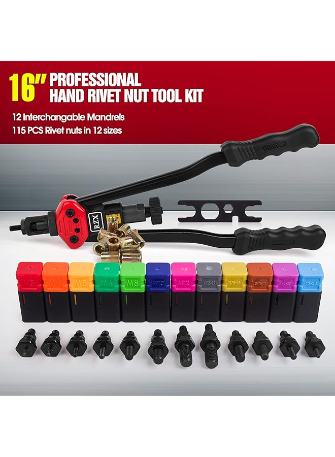 16" Rivet Nut Tool Hand Blind Riveter,Rivnut Riveting Tools With Nut Setting System Totally 12Mandrels M3 M4 M5,M6,M8,M10 M12, 10-24, 1/4-20, 5/16-18,3/8-16,1/2-13 +115Pcs Rivets Nuts - Image 4