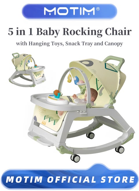 5-in-1 Baby Rocking Chair with Hanging Toys Portable Kids Rocker Swing Sleeping Cradle Bed Leisure Chair Adjustable Bouncer with 4 Wheels Toy Snack Tray and Canopy 0-36 Months