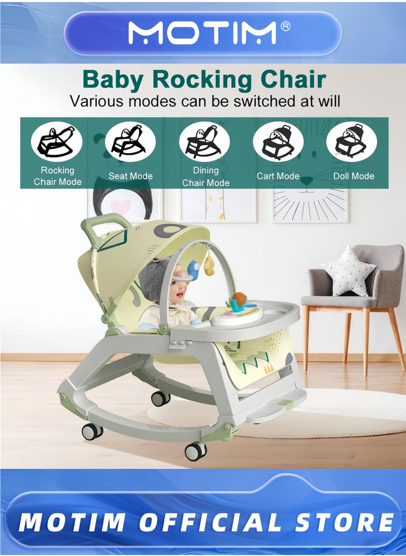 5-in-1 Baby Rocking Chair with Hanging Toys Portable Kids Rocker Swing Sleeping Cradle Bed Leisure Chair Adjustable Bouncer with 4 Wheels Toy Snack Tray and Canopy 0-36 Months
