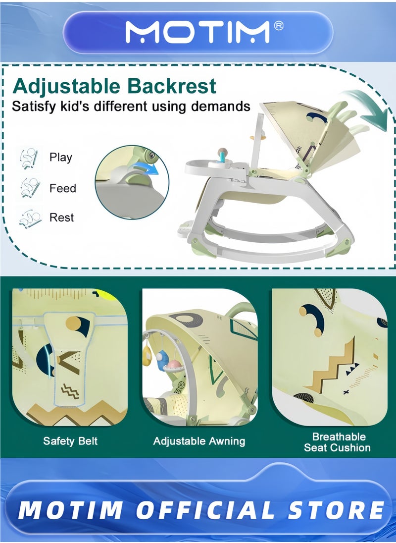 5-in-1 Baby Rocking Chair with Hanging Toys Portable Kids Rocker Swing Sleeping Cradle Bed Leisure Chair Adjustable Bouncer with 4 Wheels Toy Snack Tray and Canopy 0-36 Months