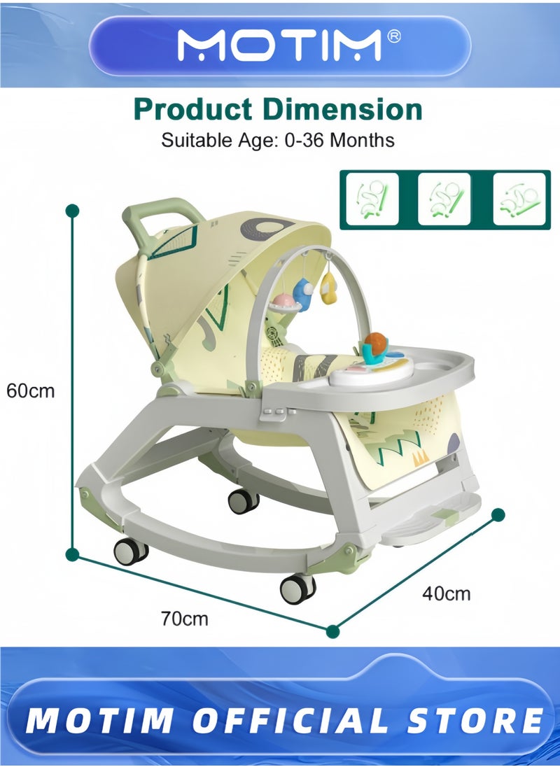 5-in-1 Baby Rocking Chair with Hanging Toys Portable Kids Rocker Swing Sleeping Cradle Bed Leisure Chair Adjustable Bouncer with 4 Wheels Toy Snack Tray and Canopy 0-36 Months