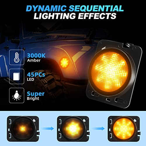 SUPAREE LED Front Fender Side Marker Light with Clear Smoke Lens, Amber Yellow Turn Signal Lights with Dynamic Sequential Lighting Effects fit for 2007-2018 Jeep Wrangler JK JKU Rubicon Unlimited - Image 2
