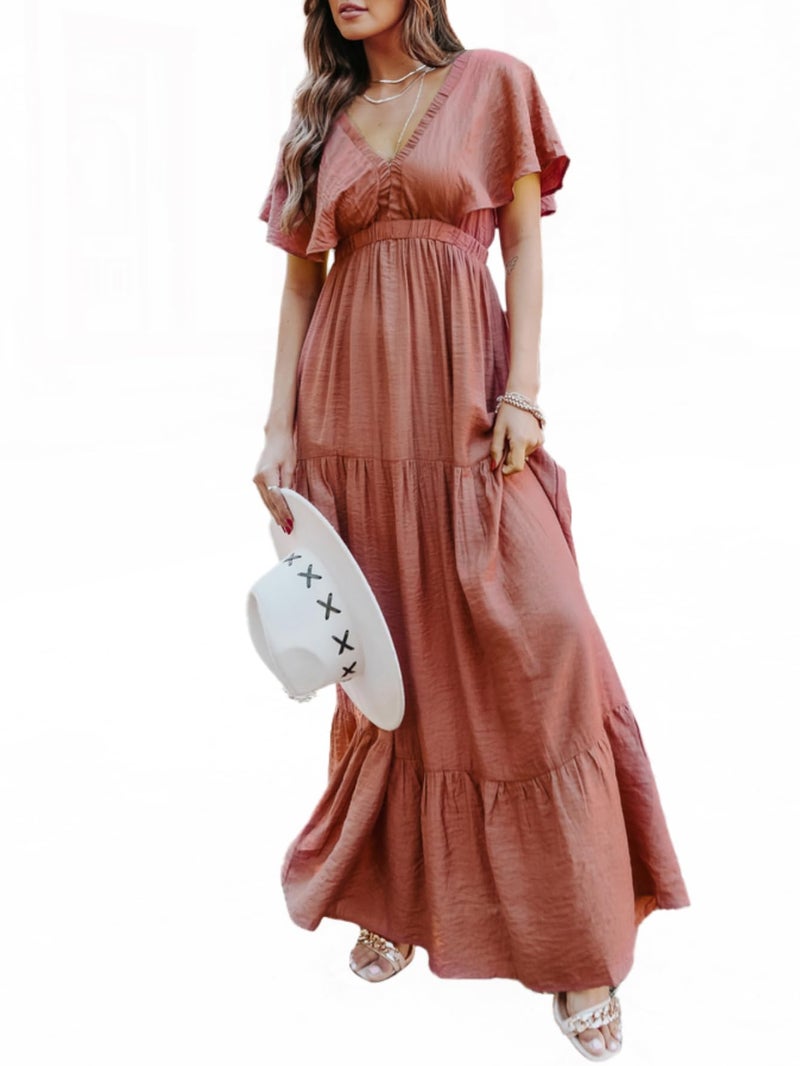 Amegoya Women's Summer Maternity Short Sleeve Maxi Dress Boho V Neck Maternity Photoshoot Long Dress (XL Red) - Image 1