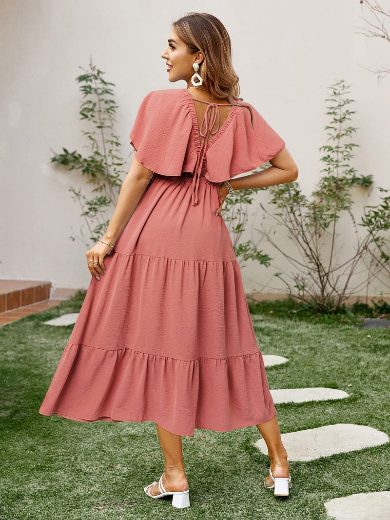 Amegoya Women's Summer Maternity Short Sleeve Maxi Dress Boho V Neck Maternity Photoshoot Long Dress (XL Red) - Image 3