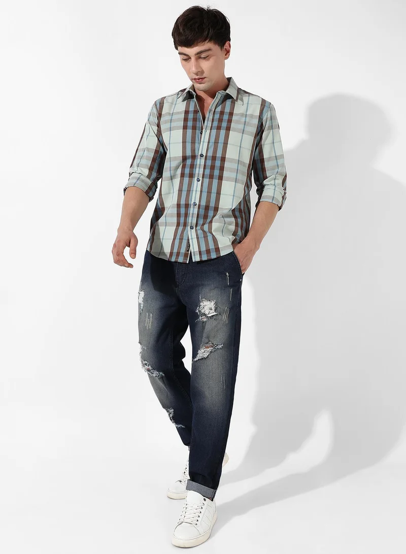 Campus Sutra Men's Sage Green Tartan Plaid Shirt