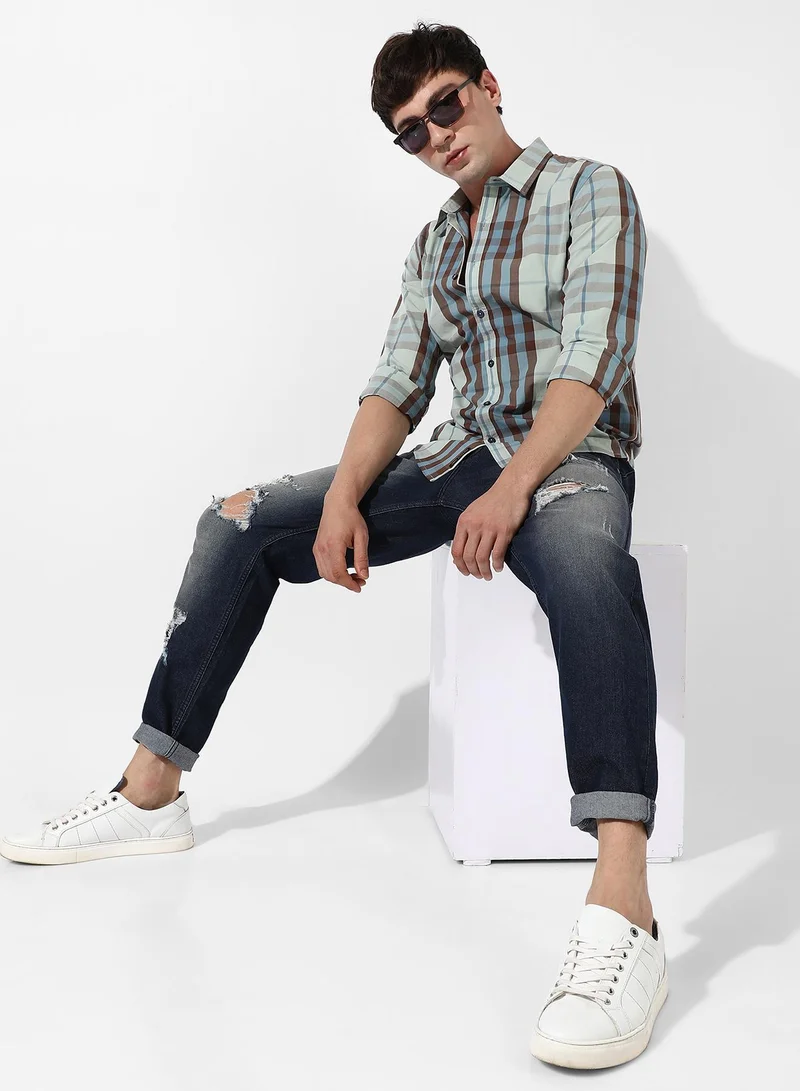 Campus Sutra Men's Sage Green Tartan Plaid Shirt