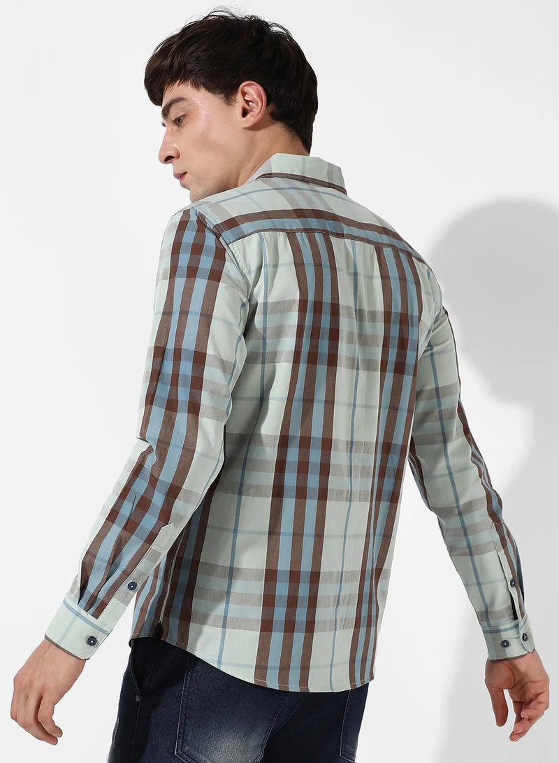 Campus Sutra Men's Sage Green Tartan Plaid Shirt