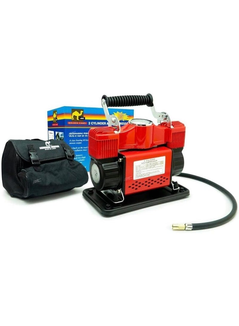 جولدن كامل ضاغط هواء معدني قوي مكون من أسطوانتين 12 فولت، مضخة نفخ إطارات محمولة للسيارات والشاحنات والدراجات النارية والسيارات الرياضية متعددة الاستخدامات، نفخ سريع، محرك مزدوج الأسطوانات عالي التدفق مع حقيبة حمل، مشبك بطارية، سلك طاقة، مجموعة خراطيم، مضخة إطارات طوارئ للاستخدام على جانب الطريق - Image 1