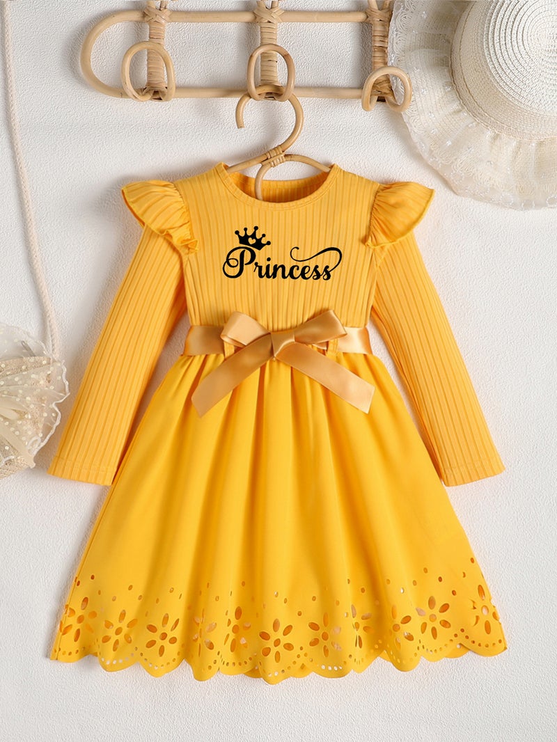 Autumn new girls princess letter printed bow belt round neck long sleeve hollow dress yellow 