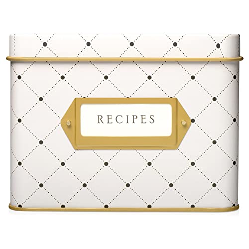 Jot Mark Decorative Recipe Tin Box for Recipe Cards Greeting Card Holder Holds Hundreds of 4 x 6 Cards