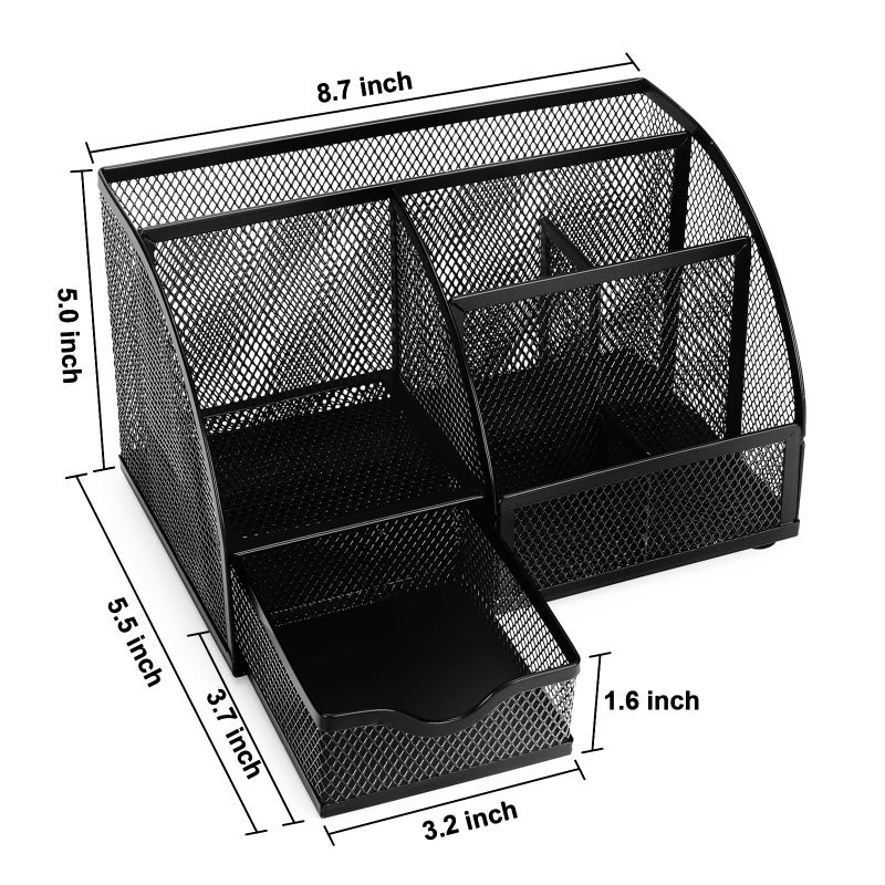 Comix Mesh Pen Pencil Holder Desk Organizer, 7 Compartment Wire Desktop Pen Pencil Cup Caddy Office Supplies for Home Office School, Black - Image 2