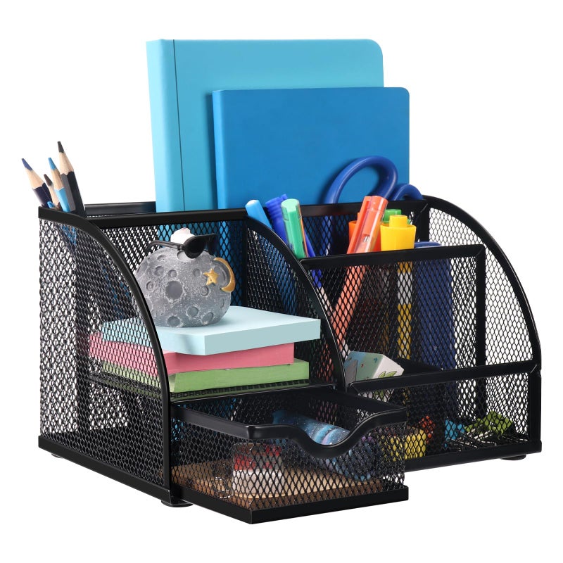 Comix Mesh Pen Pencil Holder Desk Organizer, 7 Compartment Wire Desktop Pen Pencil Cup Caddy Office Supplies for Home Office School, Black - Image 1