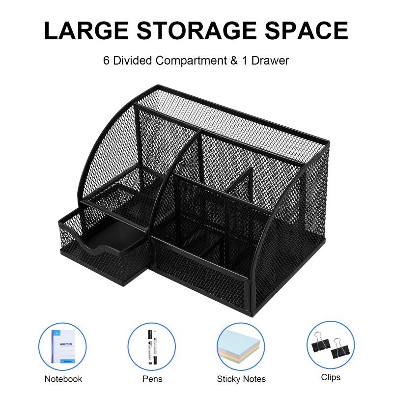 Comix Mesh Pen Pencil Holder Desk Organizer, 7 Compartment Wire Desktop Pen Pencil Cup Caddy Office Supplies for Home Office School, Black - Image 4