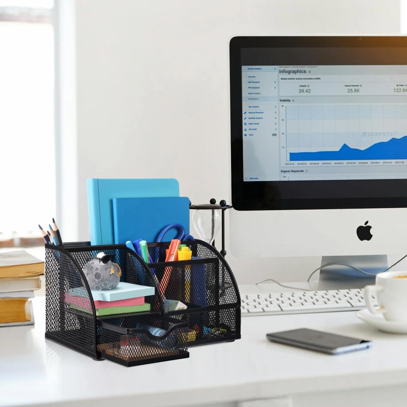 Comix Mesh Pen Pencil Holder Desk Organizer, 7 Compartment Wire Desktop Pen Pencil Cup Caddy Office Supplies for Home Office School, Black - Image 5