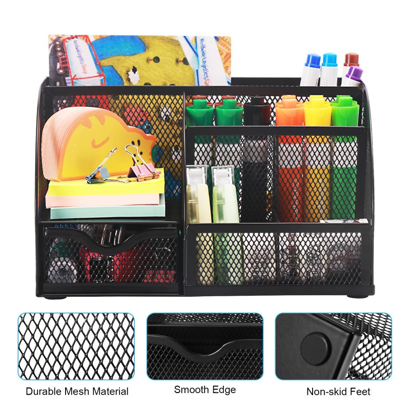 Comix Mesh Pen Pencil Holder Desk Organizer, 7 Compartment Wire Desktop Pen Pencil Cup Caddy Office Supplies for Home Office School, Black - Image 3