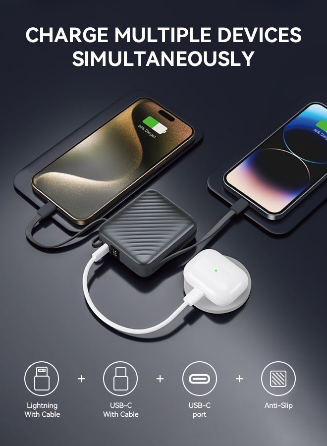 FOOMEE 10000 mAh mini power bank, 22.5W fast charging, built-in USB-C cable and built-in Lightning cable, USB-C cable two-way charging, one USB-C port, smart digital display, for iPhone 16pro/16/15/14 series, Samsung, Xiaomi, Huawei  - Image 3