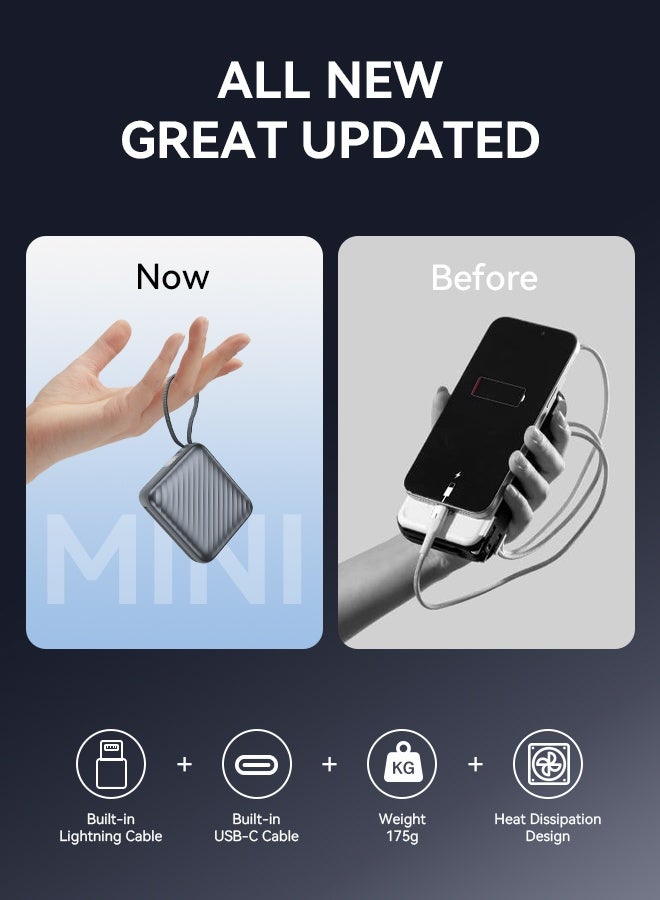 FOOMEE 10000 mAh mini power bank, 22.5W fast charging, built-in USB-C cable and built-in Lightning cable, USB-C cable two-way charging, one USB-C port, smart digital display, for iPhone 16pro/16/15/14 series, Samsung, Xiaomi, Huawei  - Image 2