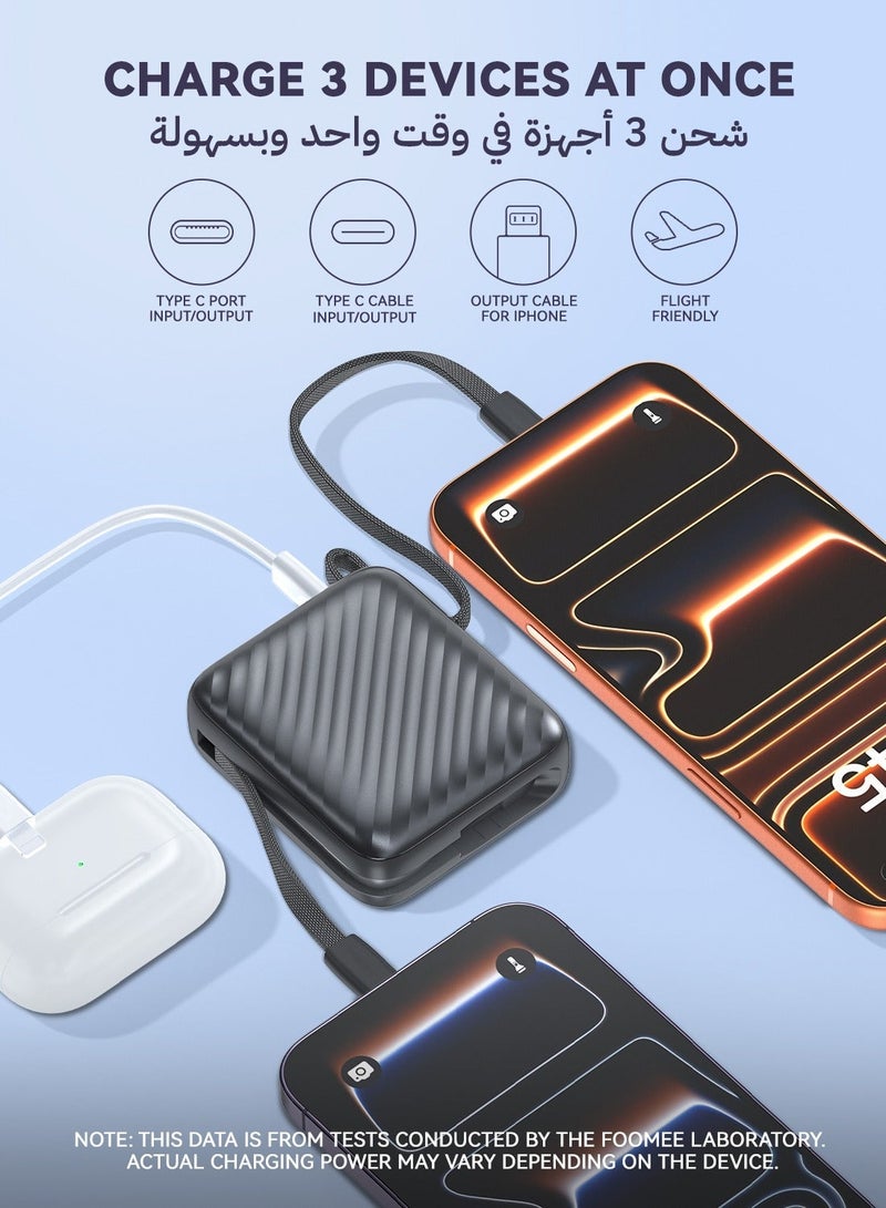 FOOMEE 10,000mAh Mini Power Bank, 22.5w Fast Charging, Built-In Usb-C and Lightning Integrated Cable, Two-Way Charging with Usb-C  Integrated Cable, One Usb-C Port, Smart Digital Display,Portable Power Bank for Iphone 17promax/16pro/16/15/14 Series, Samsung, Xiaomi, Huawei - Image 5