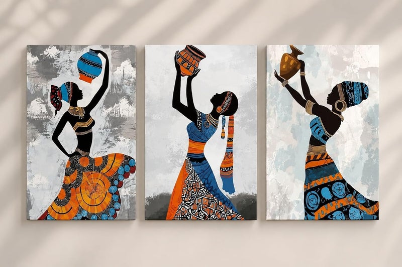 ARS Graphics ARS® 3 Piece African Woman Canvas Wall Art - Folk Costume Painting Carrying Water - 30 x 40 CM - Triptych Multi Panel Framed Canvas Print Set - Image 1