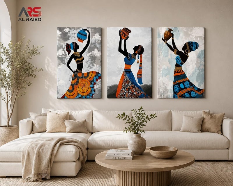 ARS Graphics ARS® 3 Piece African Woman Canvas Wall Art - Folk Costume Painting Carrying Water - 30 x 40 CM - Triptych Multi Panel Framed Canvas Print Set - Image 2