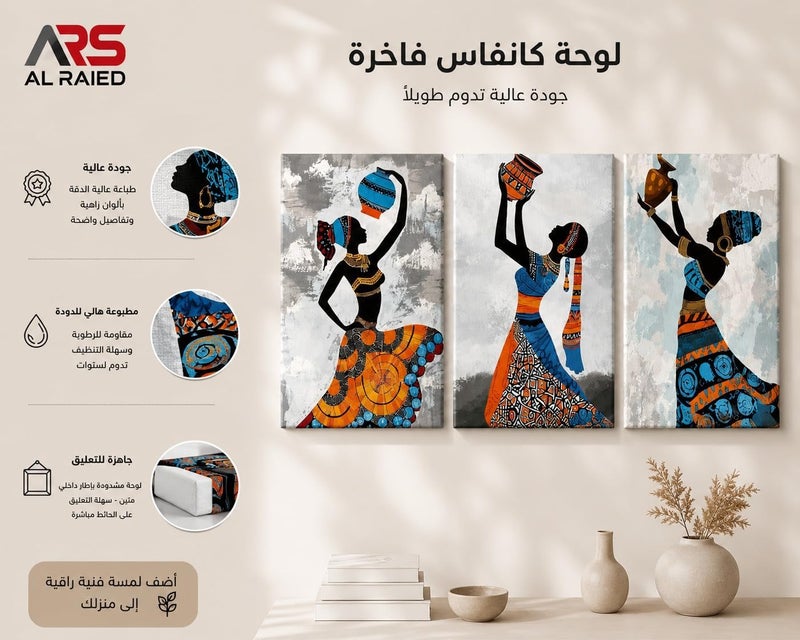 ARS Graphics ARS® 3 Piece African Woman Canvas Wall Art - Folk Costume Painting Carrying Water - 30 x 40 CM - Triptych Multi Panel Framed Canvas Print Set - Image 3
