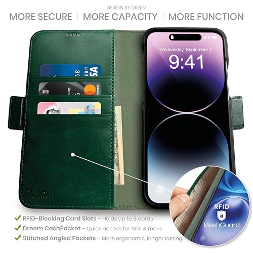 Dreem 3in1 Wallet Case for iPhone 1416e17e Builtin KickStand Magnetic Detachable Vegan Leather Flip Cover with RFID Blocking Card Holder MagSafe Compatible Gift Box Fibonacci Green - Image 3