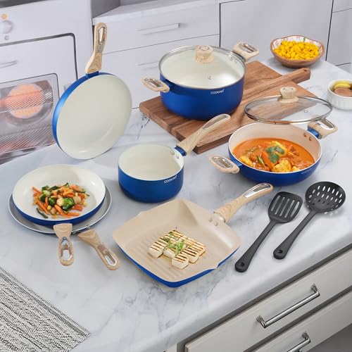 COOKAID Cookware Set Non Stick | 7 Pcs Set - Kadhai with Lid, Fry Pan, Saucepan & Dosa Tawa with 2Pcs Nylon Tool | ISI Certified | Gas & Induction Compatible | Velora - Cream - Image 1